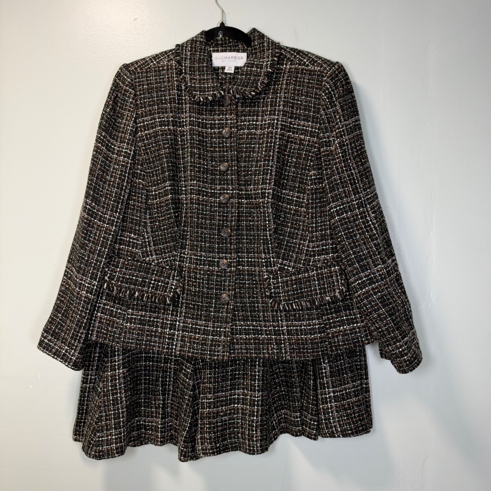 Sag Harbor Suit Woman Vintage Brown Plaid Tweed Skirt Suit Set 18W